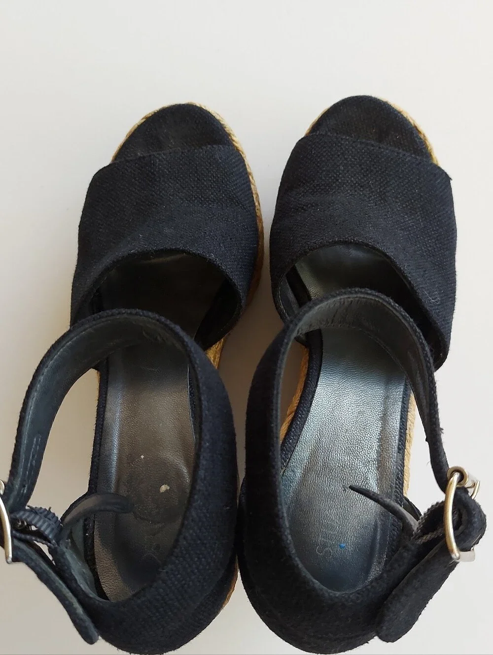 Stuart Weitzman Black Wedge Espadrille Sandals with Ankle Buckle size 6.5